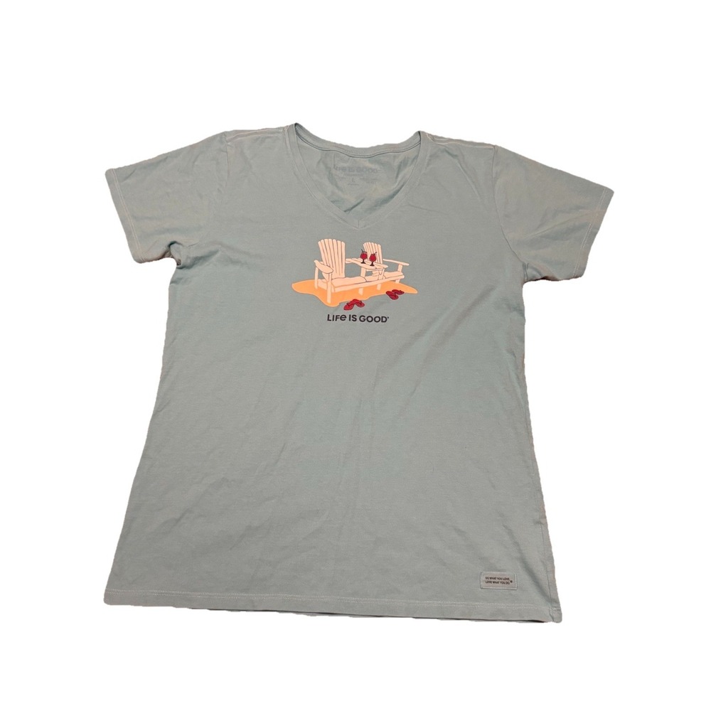 Life Is Good Crusher T-Shirt Size Large Beach Chair Adirondack V-Neck‎ Tee